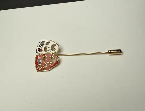 Comedy Tragedy Drama Mask Lapel Stick Pin Gold Tone Enamel White Red