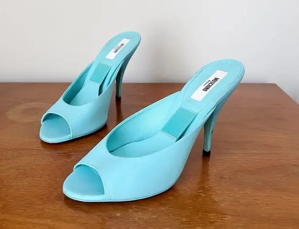 Moschino x Barbie • turquoise stiletto mules heels sandals peep toe