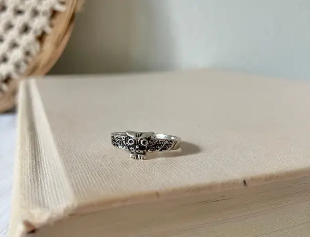 Tiny Owl Silver Ring Band Minimal Woodland Creature Rustic Simple Bird Wings Earthy Jewelry