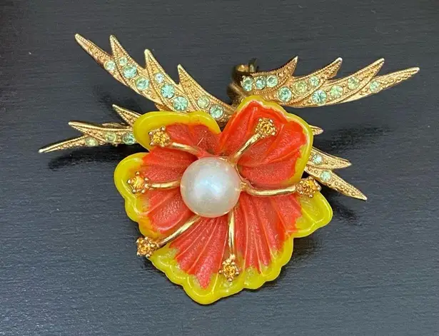 Vintage ORA Signed Orange Plastic Poppy Flower Faux Pearl Brooch & Earrings Set
