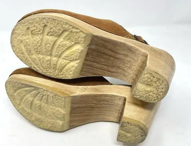 Sven Brown Nubuck Leather Wooden Halter Top High Heel Clog Sandals 36 5.5 6
