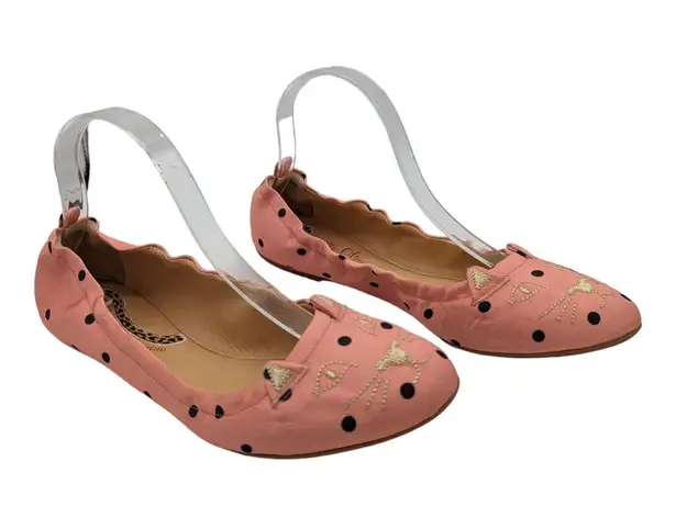 Charlotte Olympia  Pink Satin Kitty Cat Ballet Flat Black Polka Dots 39.5 US 9.5