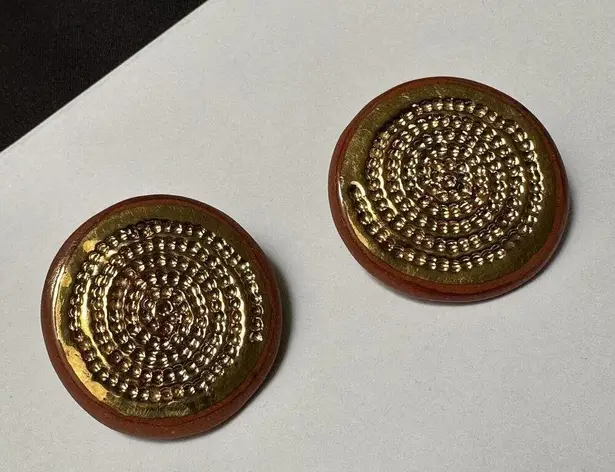 Signed Lewis Handmade Hand Crafted Round Ceramic Clip On Earrings