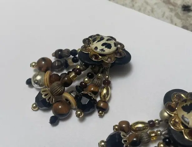 Beaded Clip On Earrings Hand Crafted Animal Print / Brown / Black