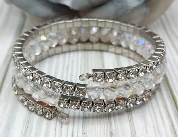 Cute Rhinestone Crystal Wire Wrap Bangle Bracelet Silver Tone Sparkly