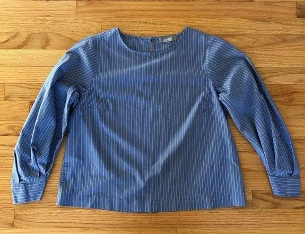 Marled Blouse Long Sleeved Blue & White Stripes Balloon Sleeves XL