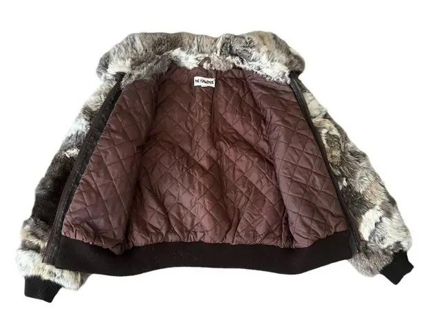 The Furworks Women’s Vintage Collared Rabbit Fur Checkerboard Bomber Jacket XS Brown