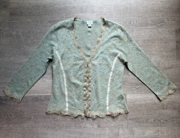 TSE Silk Blend Lace Trim Plunge Neck Cardigan Size L Mint Green Gold Feminine
