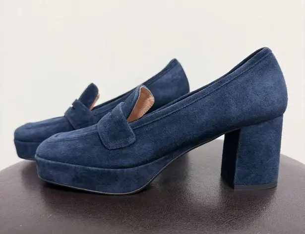 Bibi Lou Navy Blue Suede Leather Platform Block Heel Square Toe Loafers 41 Size 10