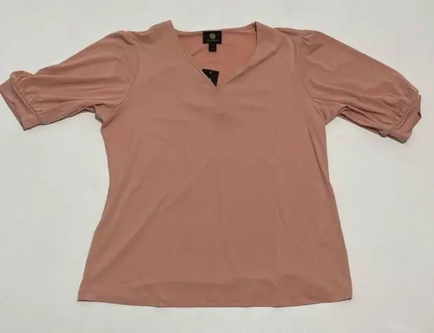 JM Collection  Puff Sleeves Tee Shirt Top V-Neck Stretchy Pink Sunstone Small