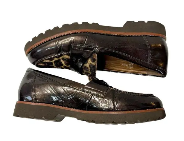 EARTHIES Braga Cow Hair Leopard Print Brown Patent Leather Loafer Shoes Sz 8.5B