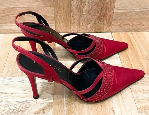 Vintage ESCADA Red Satin Embellished Pointy Toe Sling Back High Heels Pump 37 Size 6