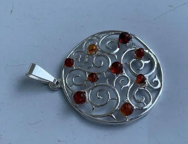 Sterling Silver Multi-Stone Baltic Amber Swirl Design Round Pendant
