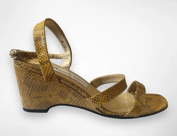 Etienne Aigner Charm Gold Tan Leather Snakeskin Embossed Wedge Sandals 9.5 | EUC