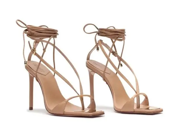 Schutz Vikki Leather Ankle Wrap Tie Strap Stiletto Sandal Heels Tan Size 9.5