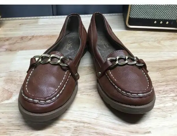 Natural Soul Loafers Women's Brown Faux Leather Gold Chain Wedge Comfort Shoes