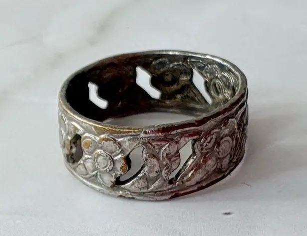 Vintage Silver 925 Openwork Hippie Boho Daisy Flower Floral Band Ring Size 7