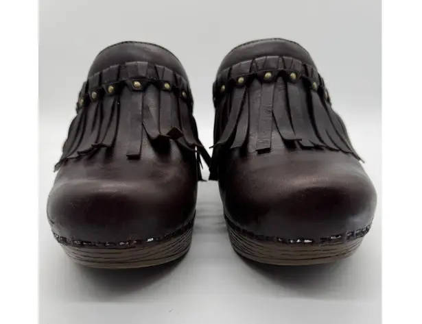 Dansko Deni Mules Clogs Shoes Womens Size US 39 EU Brown Leather Fringe
