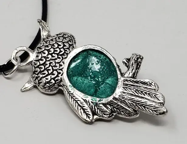 Owl Pendant Necklace w/ Teal Green Resin Body & Bronze Eyes