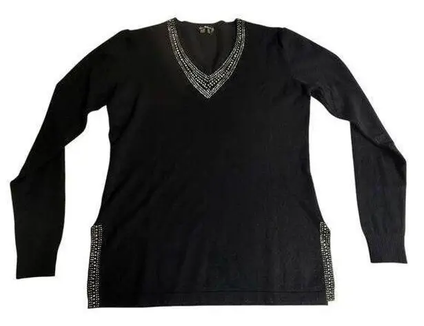 Vila Milano VTG Black Rhinestone Studded Long Sleeve V-Neck Tee Women SM Sweater