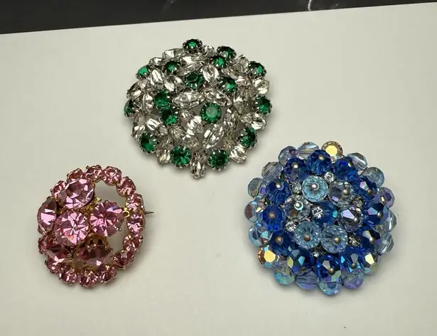 Colorful Rhinestone Brooch Pin Lot Of 3 Vintage
