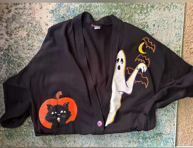 Vintage 90s Linda Lori Halloween ghost black cat tunic cardigan, size large Orange