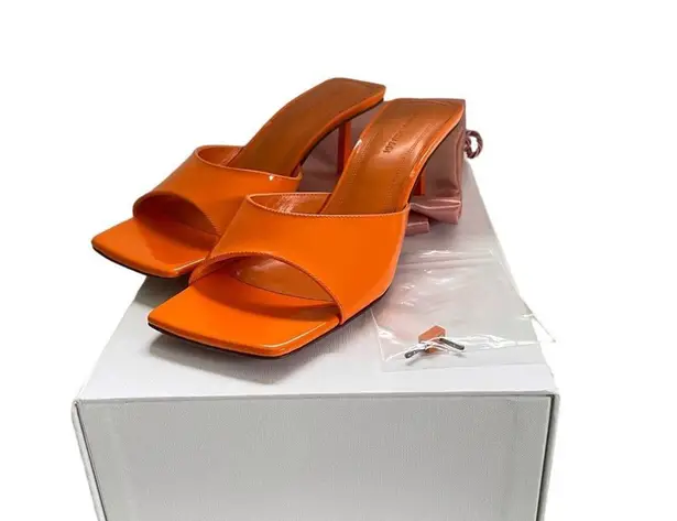 Amina Muaddi Laura 65 Patent Leather Heeled Mule Sandals Orange Size EU 38 US 8