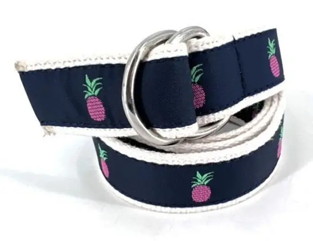 Leather Man Women's Nylon Canvas Belt Pineapple Print D Ring Navy Blue Medium Blue