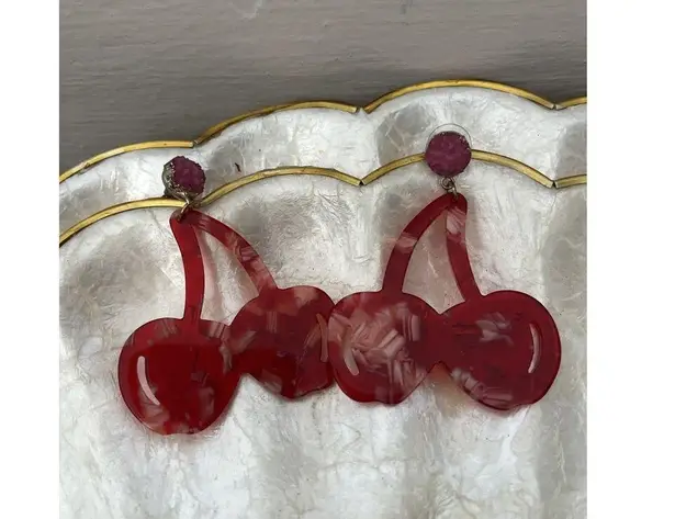 Double Cherries Cherry Dangling Pierced Earrings Pink Beaded Stud Red