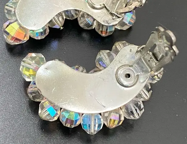 Vintage 50’s LAGUNA Faceted AB Crystal Aurora Borealis Crawler Clip On Earrings White