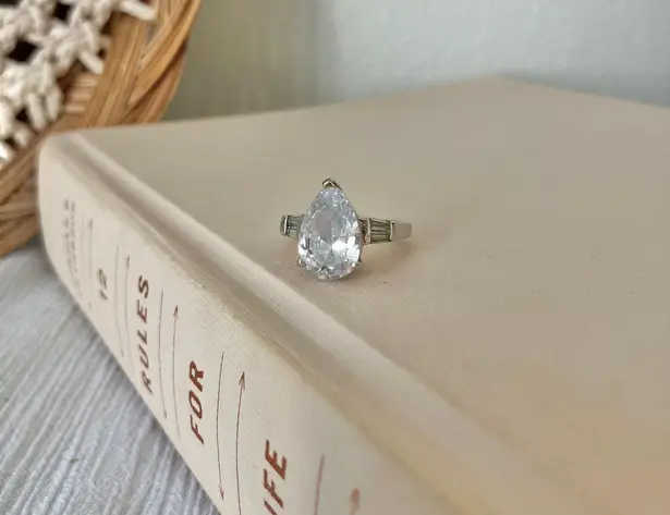 Pear Tapered Baguette Classic Silver Engagement Promise Wedding Ring “Eglantine”Jewelry