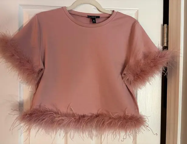 AQUA  Feather Trim Short Sleeve Top in a blush color, Small - Image 1