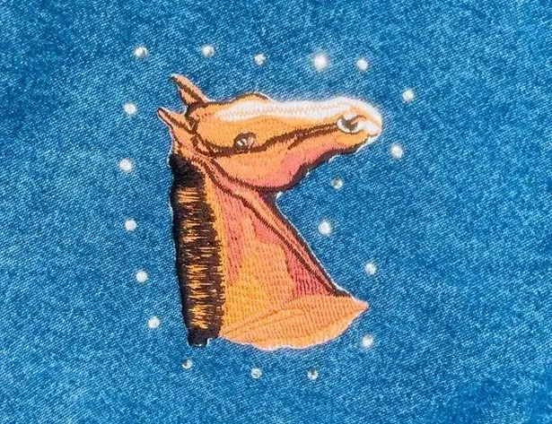 Vintage cotton denim Jean jacket horse / ranch / cowgirl theme embroidered patch Blue