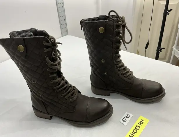 Womans SMNY Fireside Midcalf Combat Boots 5.5 M Brown Quilted Lined Lace Up Zip