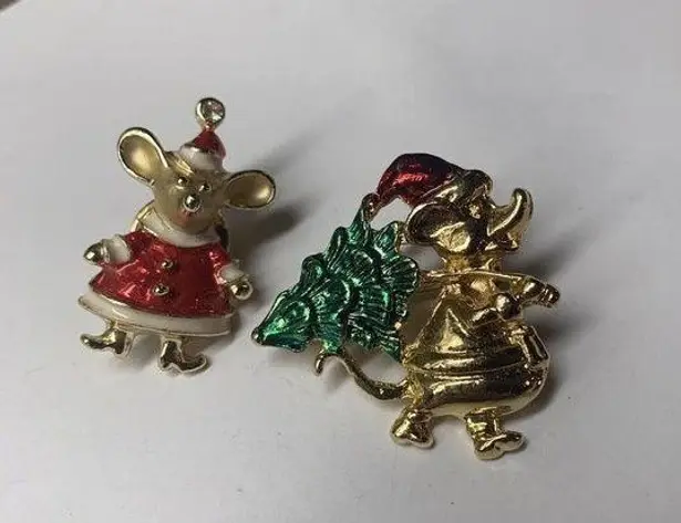 Lot Of 2 Costume Brooches Christmas Santa Claus Mouse / Rat With Tree