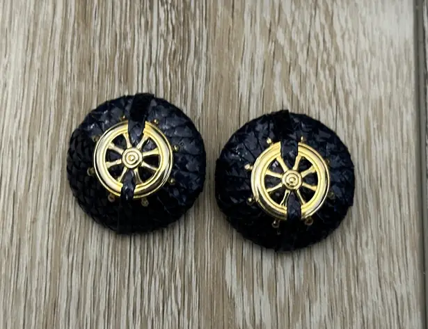 AHOY! Really Cool Vintage Nautical Clip On Earrings Anchor Design Rattan Ribbon Blue