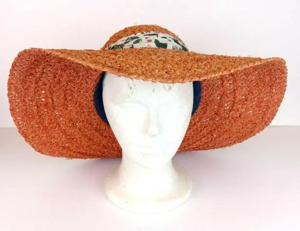 Paul Smith Women Coral Raffia Straw Sun Hat Floppy Wide Brim Silk Band Sz L Pool Size L