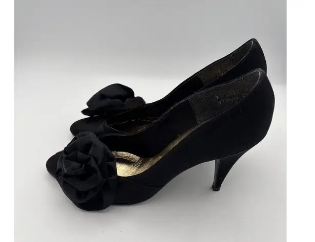 Life Stride Night Life By Womens Black Satin Pumps With Rose Detail Size 7