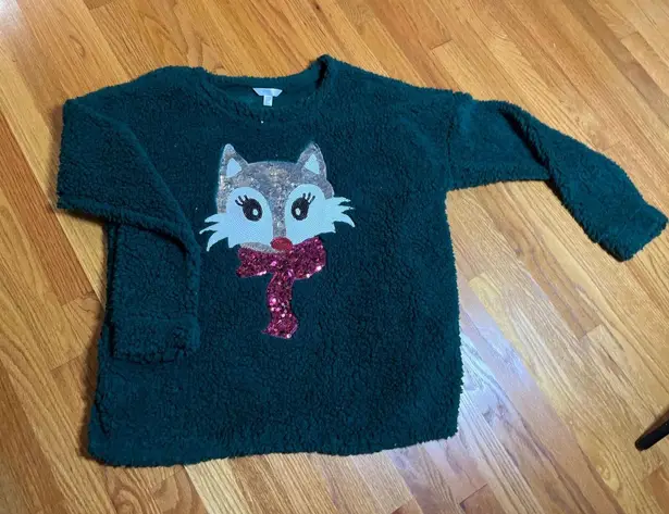 Time and Tru Womens Green Fox Sequin Sherpa Pullover Sweater XXL 20
