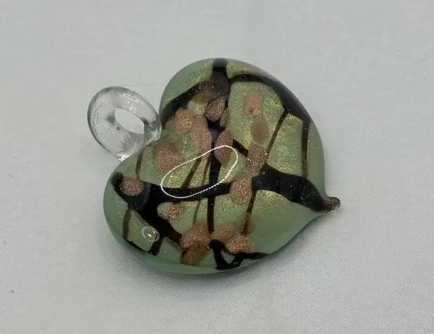 MURANO Style Hand Blown Glass Heart Pendant w/Ribbon Beautiful Green And Smoke