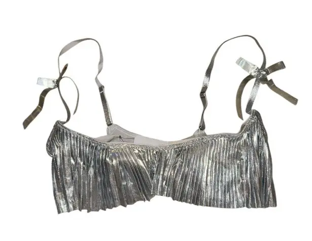 Savage x Fenty NWT Pleated Lamé unlined bra silver ruffle bow women’s size 32D