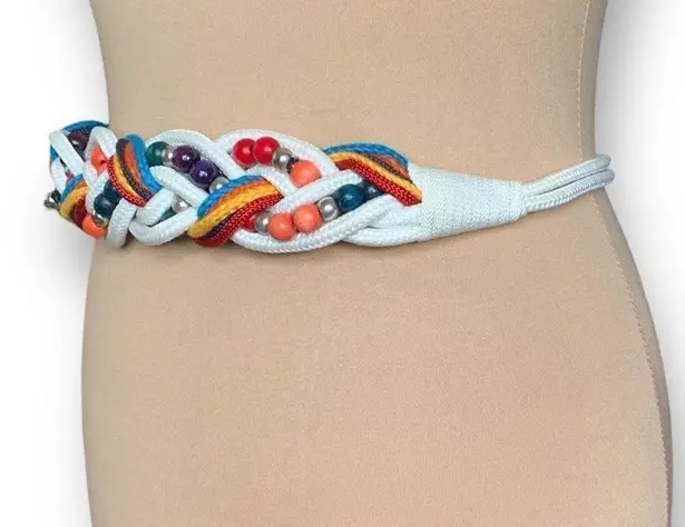 Vintage Bungee Statement Belt White Rainbow Beaded Braided Woven Kidcore