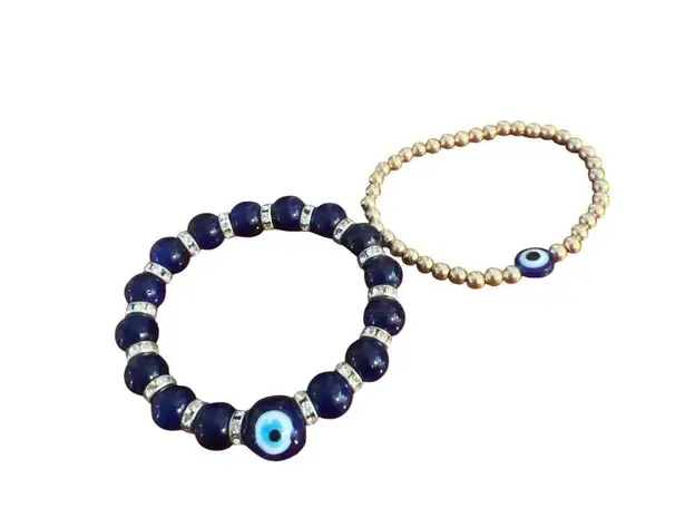 None Set of 2 Evil Eye Beaded Bracelet Gold Tone Blue Glass Stretch Stack 6.5" 6.75"