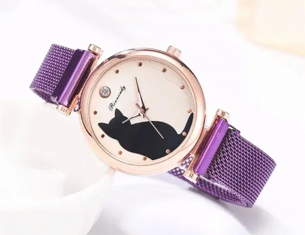 Women Fashion Watches Quartz Wristwatch Purple Mesh Belt Cat Dial Luxury Women