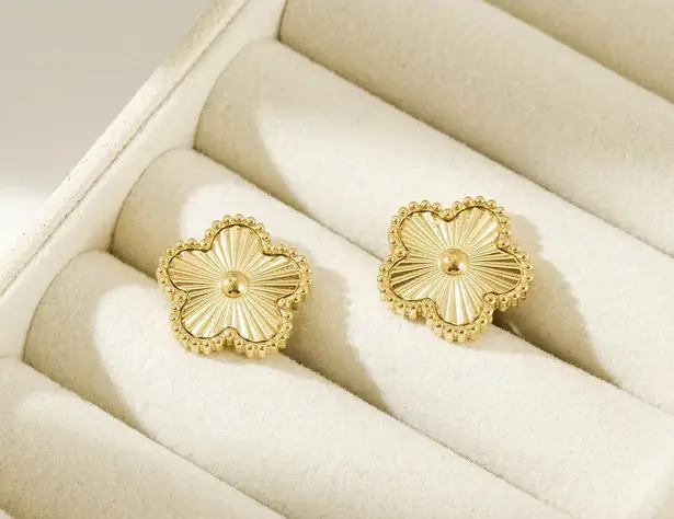 Boutique NEW Floral Etched Stud Earrings PVD Gold Plated 316L Statement Jewelry, 14.7