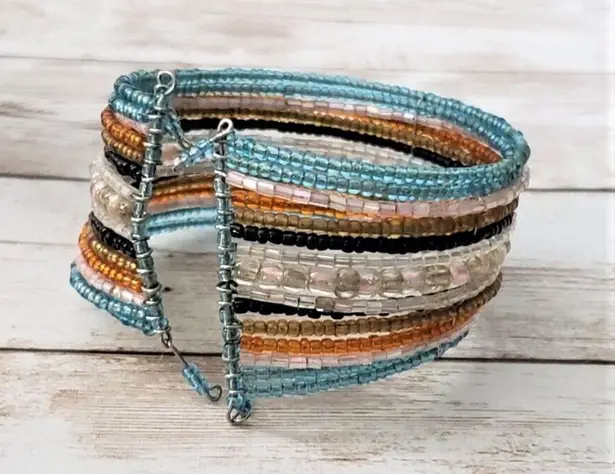 Vintage Bracelet / Bangle / Cuff Beaded Wrap Cuff Blue & Orange