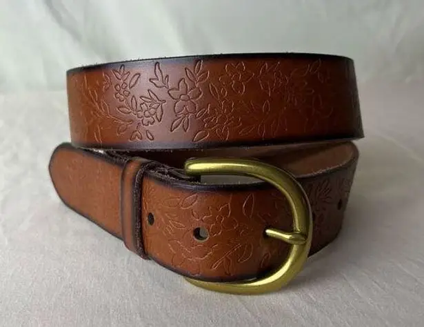 American Eagle  Floral Tooled Leather Belt Brown Black Brass Tone Buckle Small