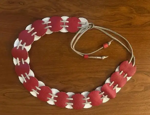 Vintage Handmade Leather Circle Belt – Red & White Boho Western Tie Belt | 70s