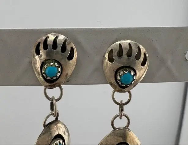 Sterling Silver Vintage Double Bear Claw Navajo  925 Turquoise Earrings