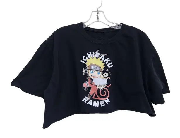 Naruto Shippuden Anime Ramen Graphic Print Cropped Tee Shirt Top Black Size XL